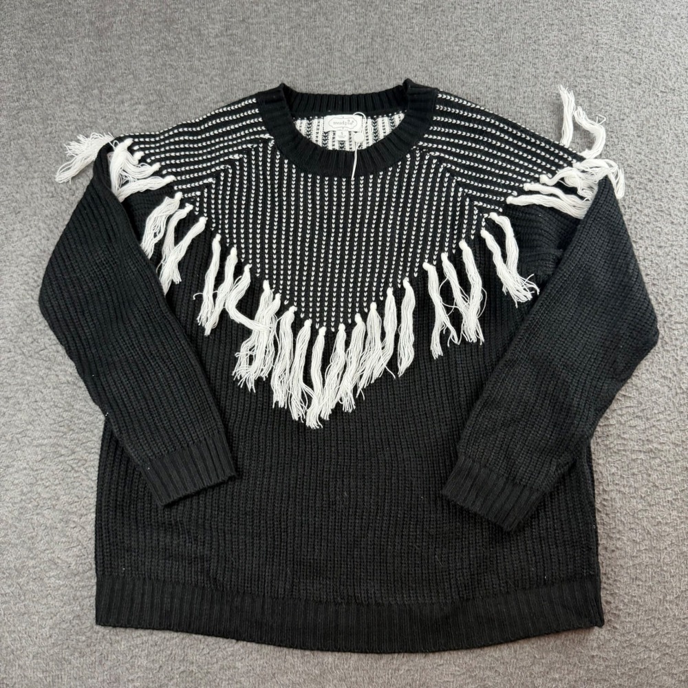 Mud Pie Fringe Sweater Women's Small Black White Western Knit Pullover